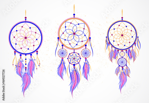 Vector set of decorative dreamcatchers with feathers.