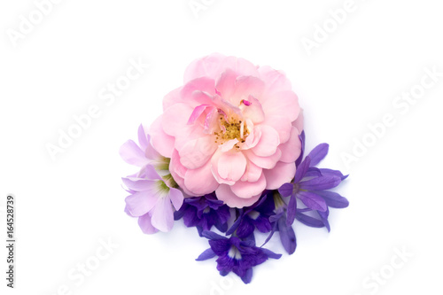 The bouquet of pink fairy rose   Queen s wreath flower and Oxalis flower.