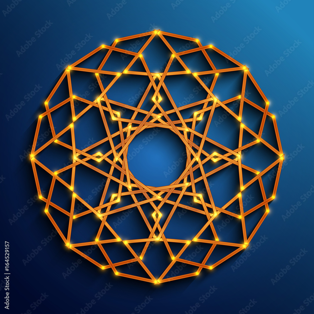 Islamic 3D glowing ornament, arabic style mandala. Vector illustration.