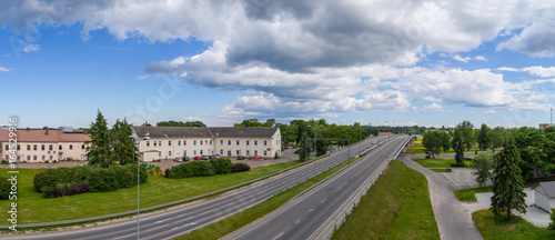 Aerial view of a bridge over the railroad. Johvi, Estonia.