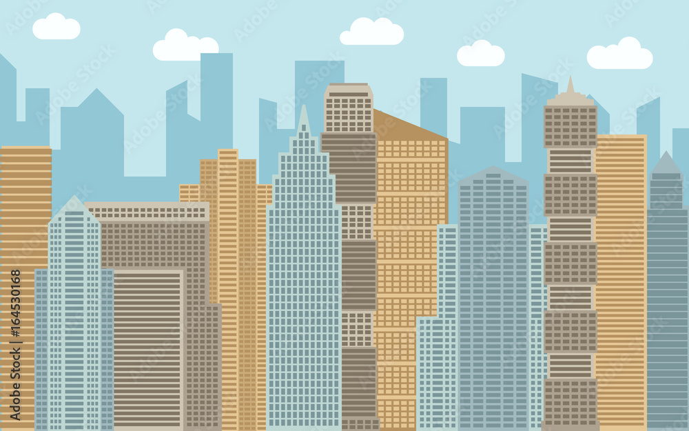 Vector urban landscape illustration. Street view with cityscape, skyscrapers and modern buildings at sunny day. City space in flat style background concept.
Vector urban landscape illustration. Street view with cityscape, skyscrapers and modern buildings at sunny day. City space in flat style background concept.