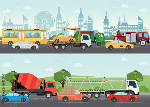 Highways road with many different vehicles.