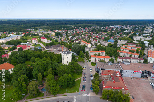 Aerial photography. Small city landscape, amazing clouds.
