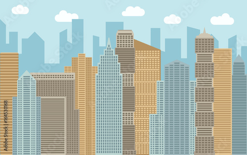 Vector urban landscape illustration. Street view with cityscape  skyscrapers and modern buildings at sunny day. City space in flat style background concept.  