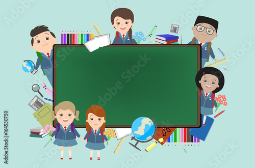 School, background, children on the background of a school chalkboard. Vector cartoons.