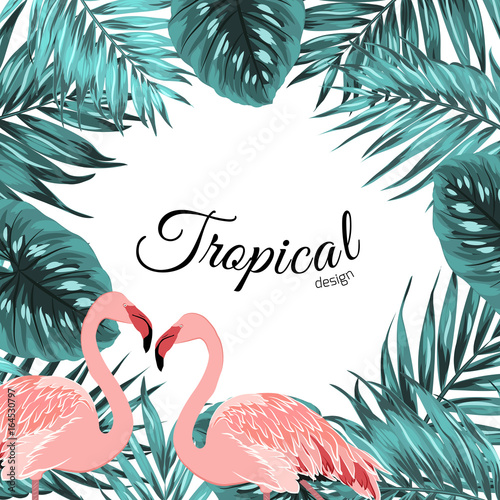 Exotic tropical design border frame template. Turquoise blue green jungle palm tree leaves. Pink flamingo birds couple. Square layout. Text placeholder. Vector design illustration.