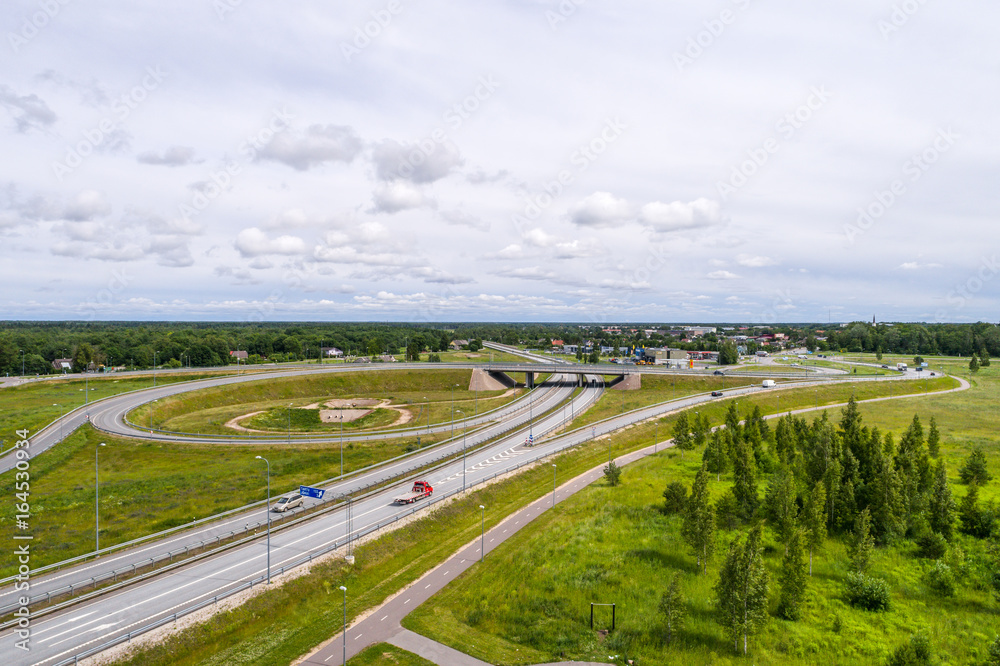 Aerial photography. Intersection with cars from above. 