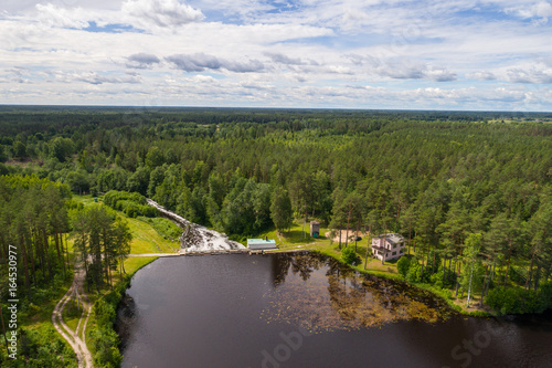 Aerial view of dam in Tudulinna, Estonia. Nature landscape. Summer.