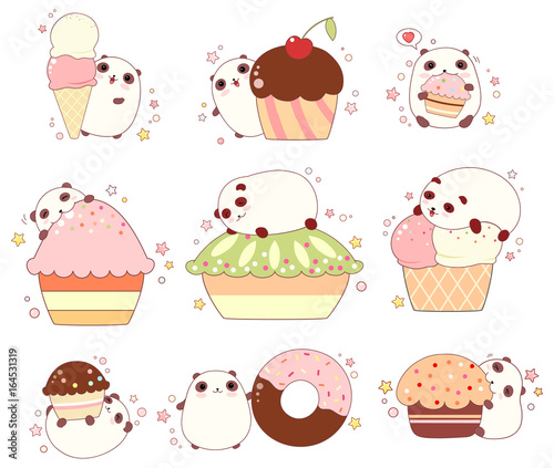 Fototapeta Naklejka Na Ścianę i Meble -  Set of cute pandas with ice cream and cupcakes