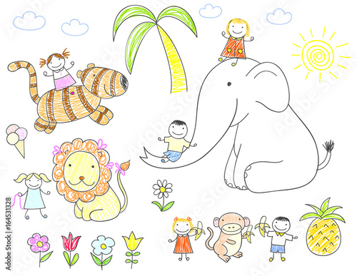 Happy children and animals