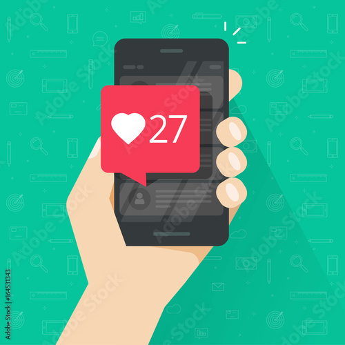 Smartphone with likes counter bubble vector illustration, flat carton style cellphone with social media like button notification, idea of mobile phone followers, getting positive review, comment