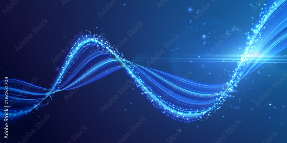 Vector background. Bright glowing curve on dark, with light particles. Vector background. Bright glowing curve on dark, with light particles.