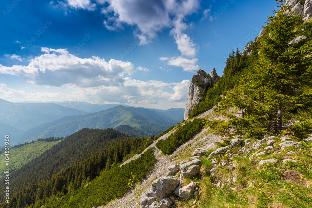 Mountain scenery in the Transylvanian Alps, on a bright summer day with blue skies and limestome cliffs