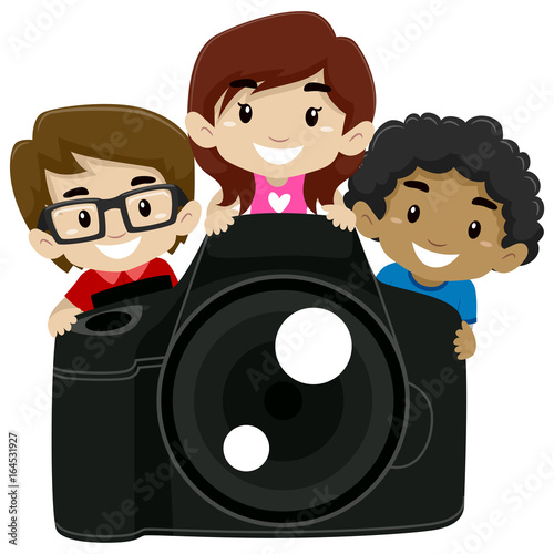 Vector Illustration of Children Standing behind a Big Digital Camera