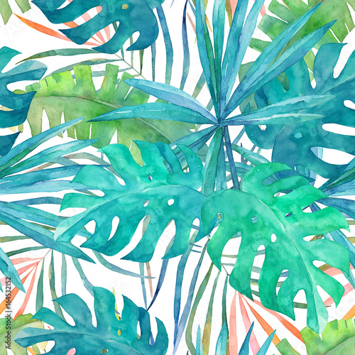 Summer seamless pattern with watercolor  palm leaves on white  background.Tropical hand drawn illustration