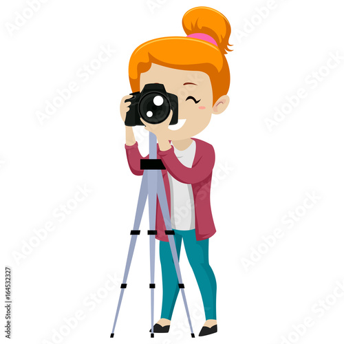 Vector Illustration of Girl Looking through a Digital Camera on Tripod