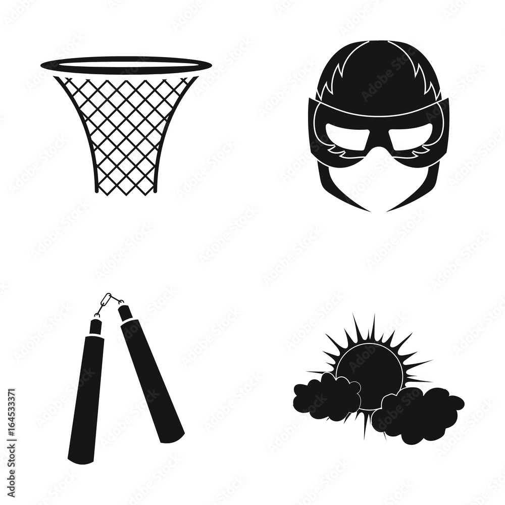 Basketball basket, mask and other web icon in black style. nunchuck, the  sun in the clouds icons in set collection. Stock Vector | Adobe Stock
