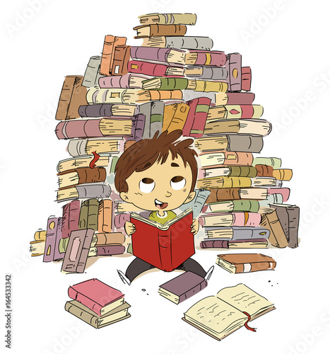 Niño con libros. Montaña de libros