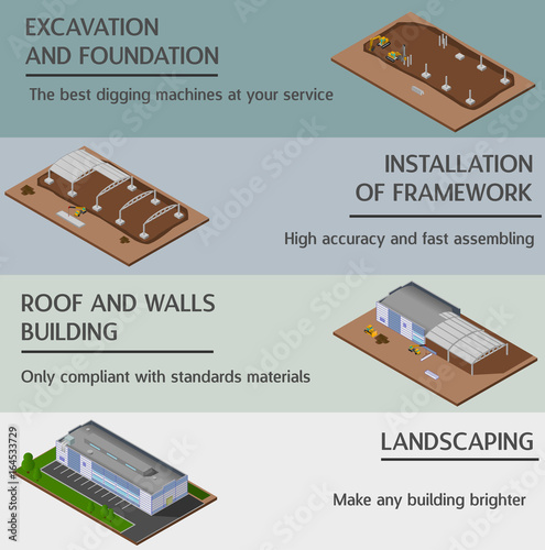 Warehouse Industrial building. Stages of construction. Isolated vector 3D isometric concept
