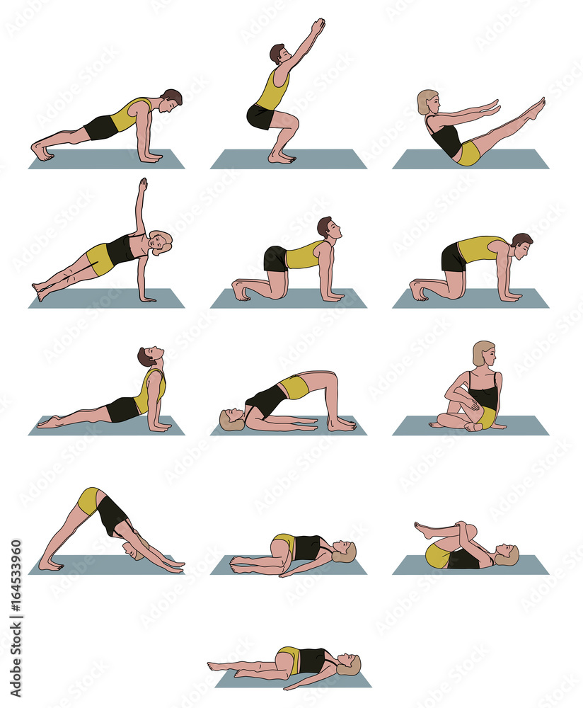 Yoga poses set with men and women, simple beginner poses Stock