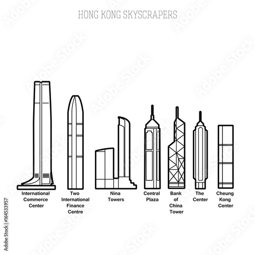 Hong Kong skyscrapers line art illustration and title underneath