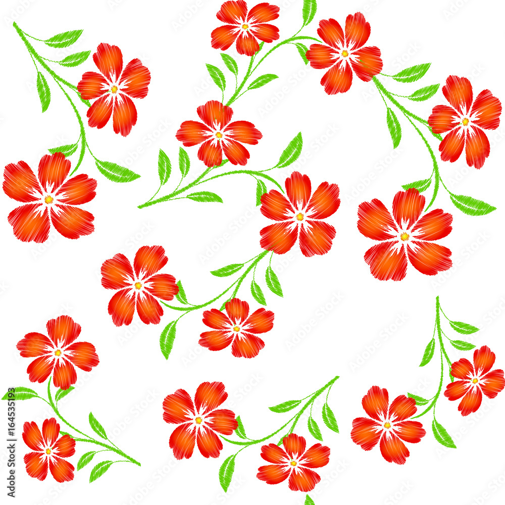 Embroidered red orange  flowers on white background seamless pattern