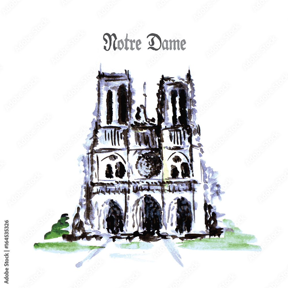 Notre Dame de Paris Cathedral, France. Watercolor hand drawing.