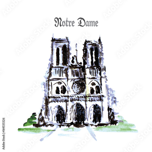 Notre Dame de Paris Cathedral, France. Watercolor hand drawing.