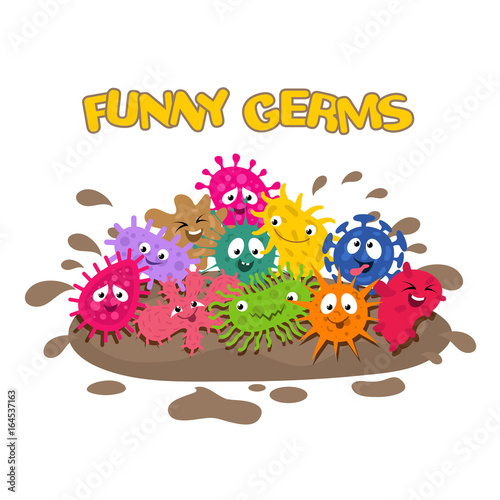 Funny vector germs. Cartoon bacteria splash in mud vector illustration