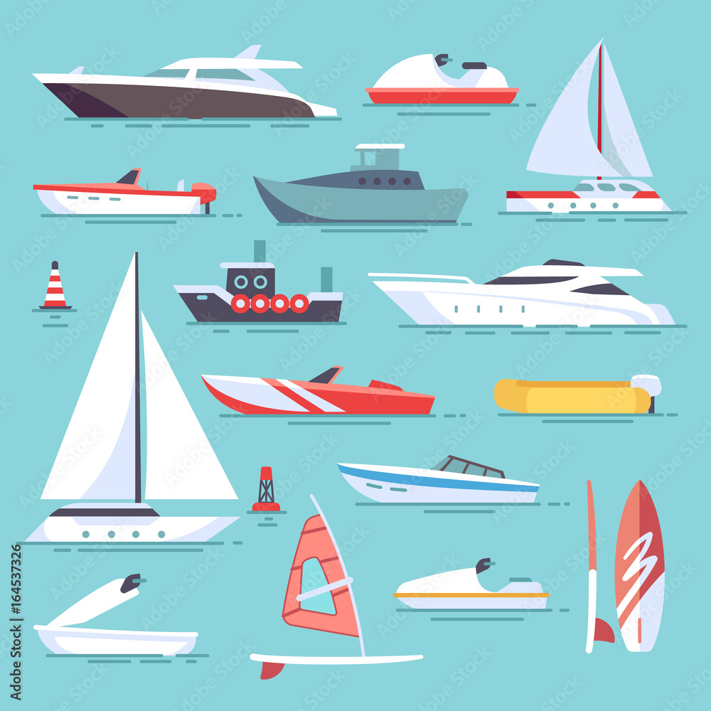 Sea boats and little fishing ships. Sailboats flat vector icons
