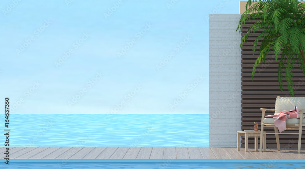 Wood chair on Sunbathing deck and private swimming pool with sea view at luxury villa 3d rendering