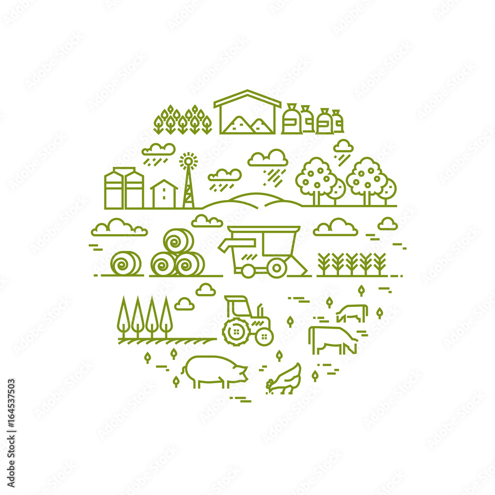 Naklejka premium Rural landscape and agriculture farming thin line icons