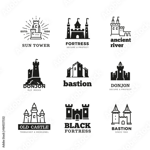 Medieval castle and knight fortress vector ancient royal logo set