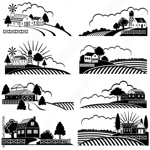 Retro rural landscapes with farm building in field. Vector vintage woodcut art
