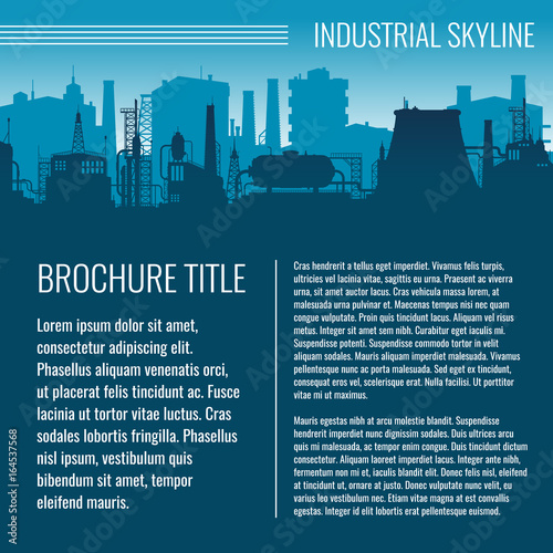 Industrial vector business template design with factory silhouette and text