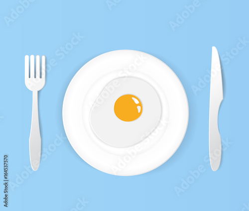 Fried egg  on  plate.with knife and fork art white set.paper art vector illustration