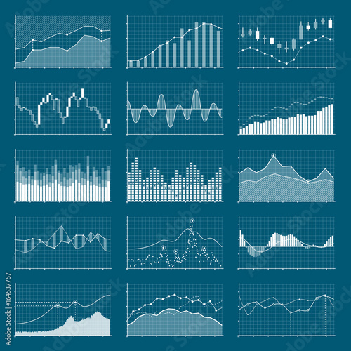 Business data financial charts. Stock analysis graphics. Growing and falling market graphs vector set
