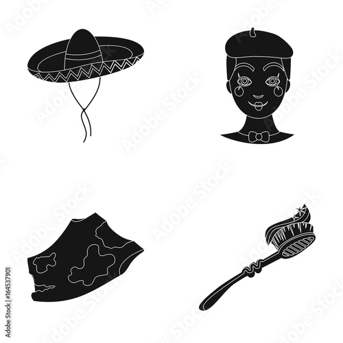 Sombrero, Frenchman and other web icon in black style. rag, toothbrush icons in set collection.