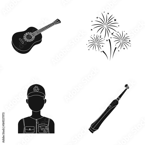 Guitar, salute and other web icon in black style. ecologist, toothbrush icons in set collection.