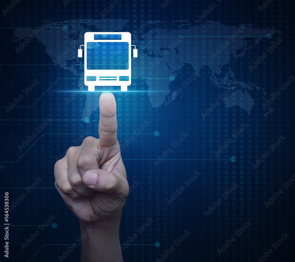 Hand pressing bus flat icon over digital world map technology style, Business transportation service conceptElements of this image furnished by NASA