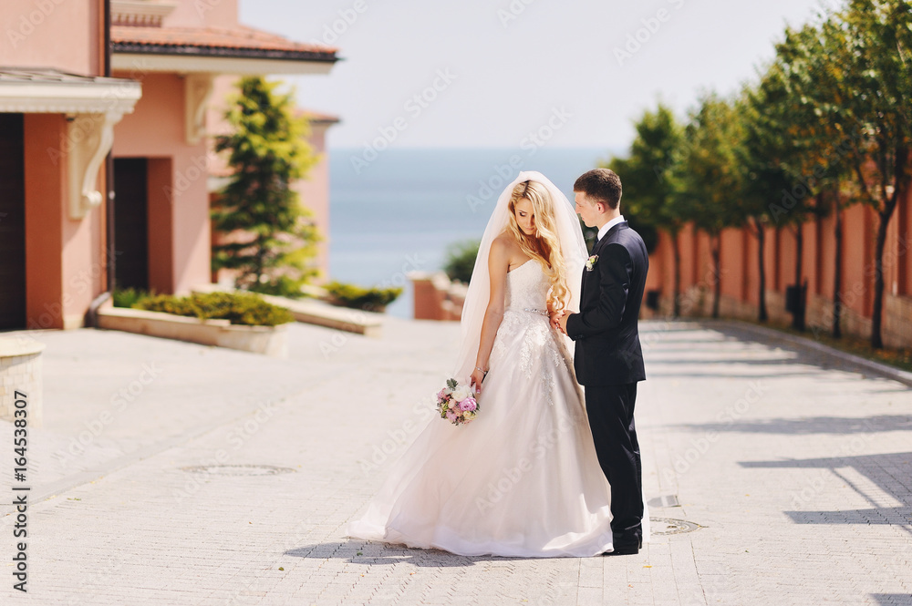 newlyweds on walk: beautiful young family in love, happy husband and wife newlyweds on walk: beautiful young family in love, happy husband and wife
