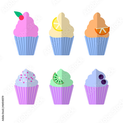 Cupcakes set flat icon, vector sign, colorful pictogram isolated on white. Dessert symbol, logo illustration. Flat style design
