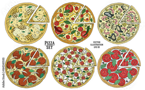 Italian Pizza hand drawn vector illustration set. Can be use for pizzeria, cafe, restaurant.