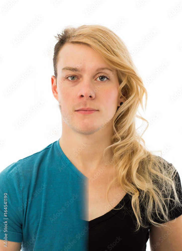Fototapeta premium Portret mężczyzny i kobiety mieszane razem, aby zilustrować pojęcie transpłciowych