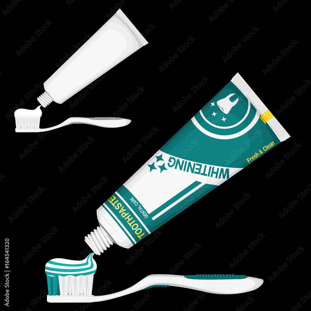 composition of toothpaste and toothbrush on black background Stock