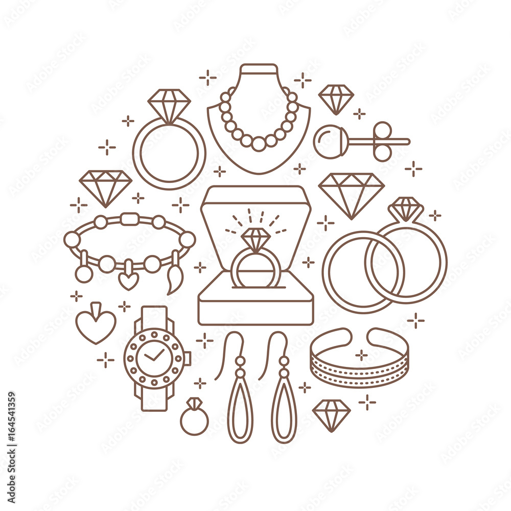 Voksen Såvel En god ven Jewelry shop, diamond accessories banner illustration. Vector line icon of  jewels - gold watches, engagement rings, gem earrings, silver necklaces,  charms, brilliants. Fashion store circle template. Stock Vector | Adobe  Stock