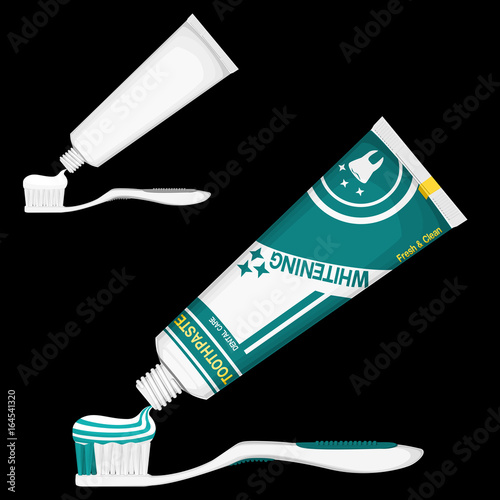 composition of toothpaste and toothbrush on black background
