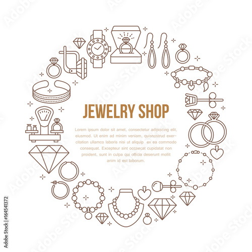 Jewelry shop, diamond accessories banner illustration. Vector line icon of jewels - gold engagement rings, gem earrings, silver necklaces, brilliant. Fashion store circle template with place for text.