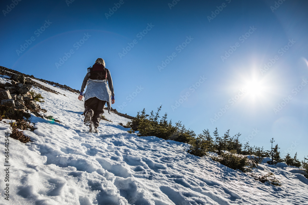 Woman Reaching the Top of Richardson Mountain in National Park of Gaspe in Quebec, Canada