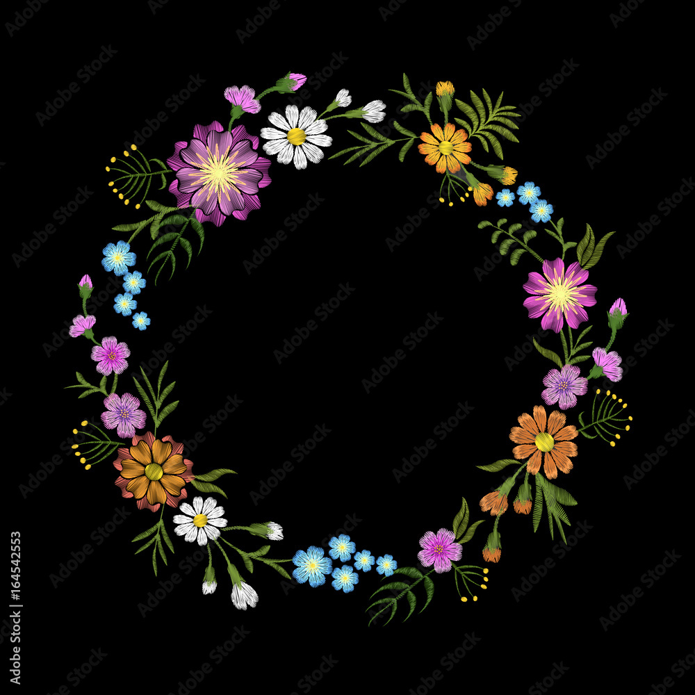 Floral blue violet daisy embroidery round arrangement. Vintage Victorian flower ornament fashion textile decoration. Stitch texture vector illustration